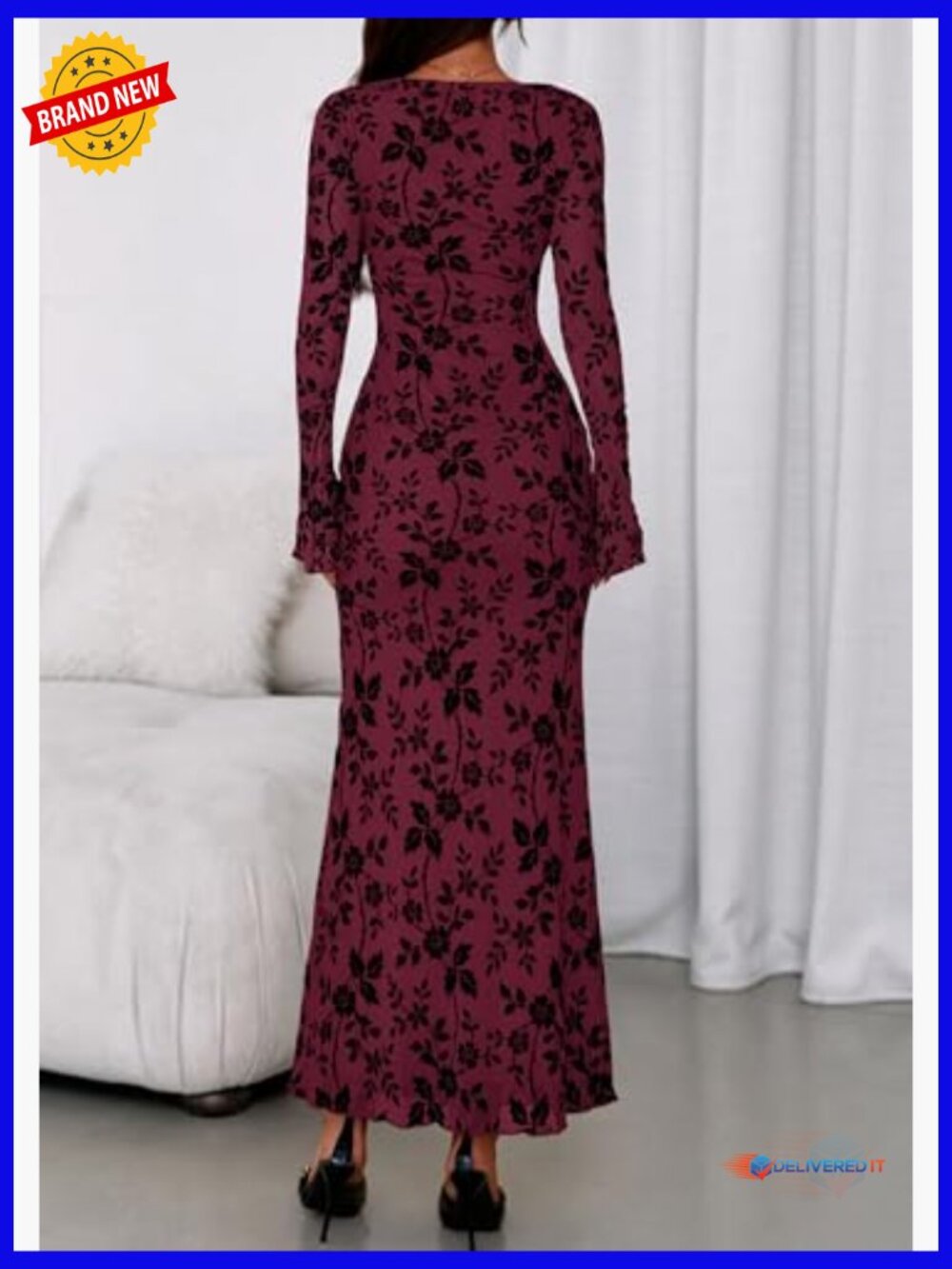 Floral Bodycon Maxi Dress Long Sleeve Boat Neck Stretch Formal - Picture 4 of 7